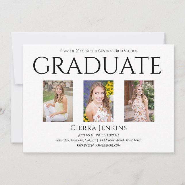 Einladung zur White Graduation Party mit drei Foto (Vorderseite)