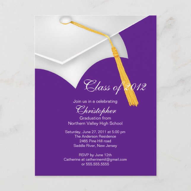 Einladung zur White Lila Grad Cap Graduation Party (Vorderseite)