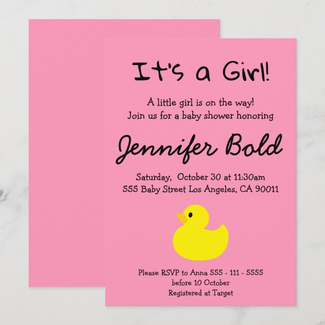 Einladung zur Yellow Duck Girl Babydusche (Vorne/Hinten)