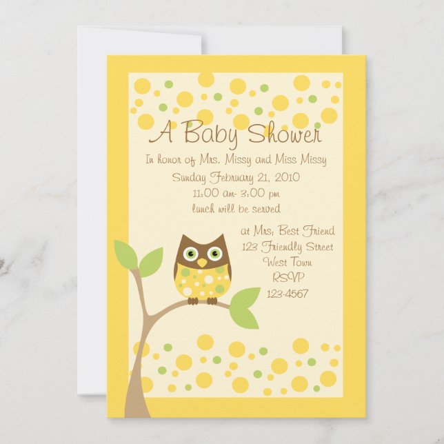 Einladung zur Yellow Owl Baby Dusche (Vorderseite)
