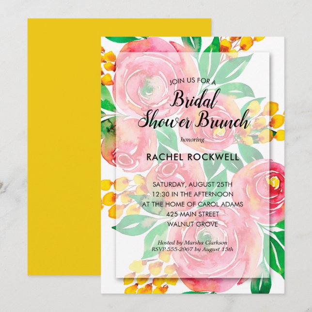 Einladungen: Aquarellfarbe Rosa Blumendusche Einladung (Vorne/Hinten)