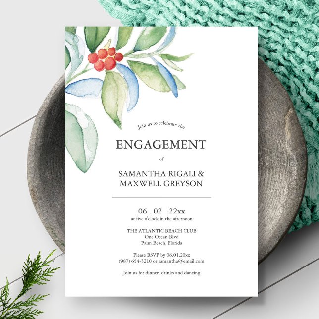 Einladungen der Einsatzpartei Feierliche Grünfläch (Christmas theme engagement party invitations unique watercolor art and design  Victoria Grigaliunas)