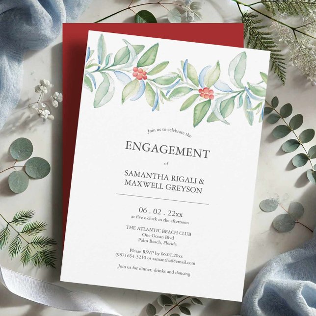Einladungen der Einsatzpartei Weihnachtsgrün (Engagement party invitations watercolor Christmas botanicals by Victoria Grigaliunas Do Tell A Belle)