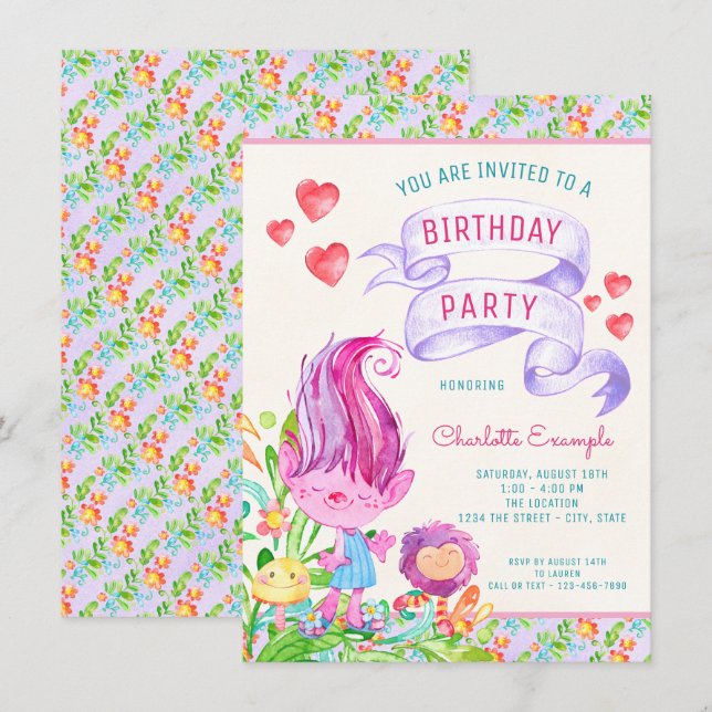 Einladungen der Troll Birthday Party (Vorne/Hinten)