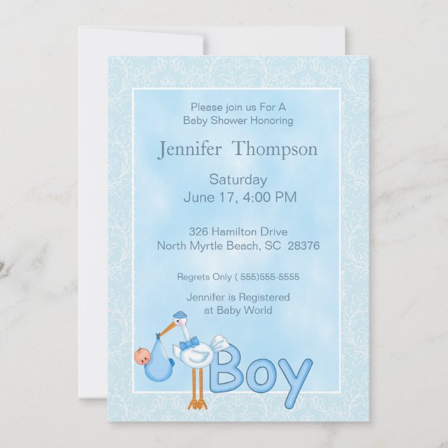 Einladungen für Baby Boy Stork Shower (Vorderseite)
