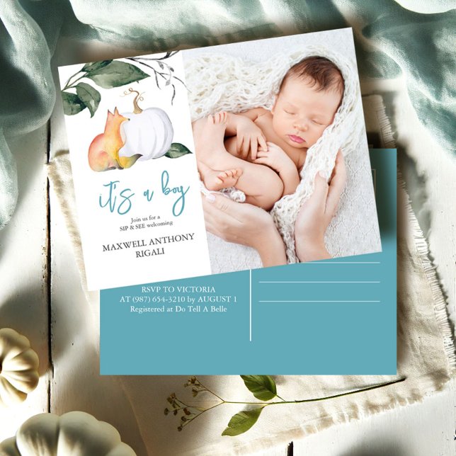 Einladungen für Babyduschen fallen (Sip and see fall baby shower for boy watercolor woodland fox and white pumpkin by Do Tell A Belle)