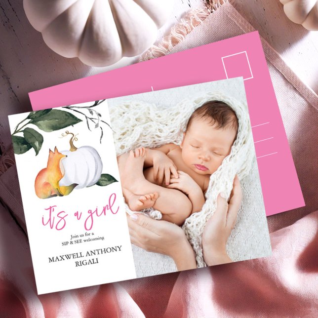 Einladungen für Babyduschen Herbstfox (Sip and see invitations watercolor fox and pumpkin fall design with photo postcard)