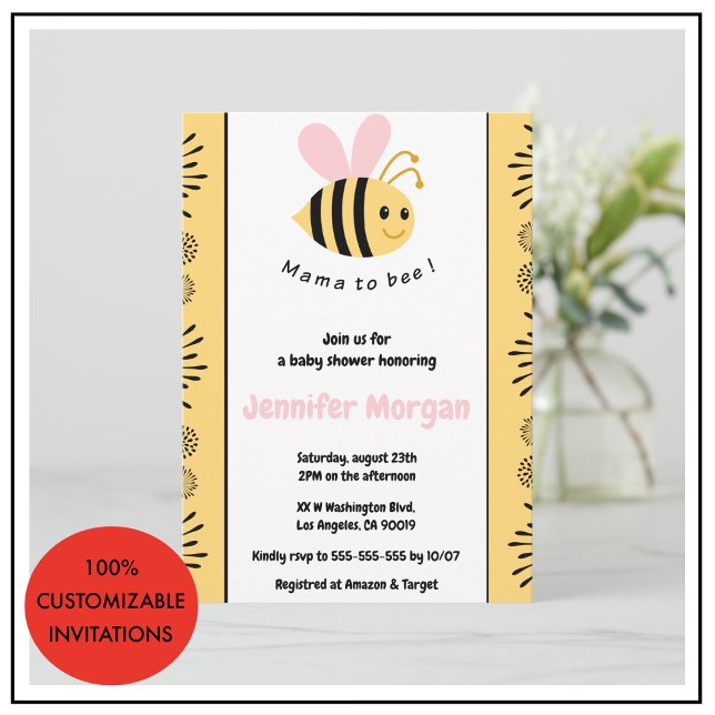 Einladungen für Bienendusche Mommy zu Hummeln (Bee-baby-shower-invitations-Mommy-to-bee-Bumblebe-pink)