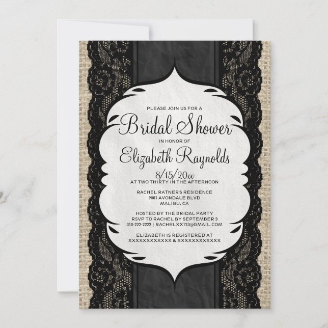 Einladungen für Black Linen Burlap Lace Bridal Dus (Vorderseite)