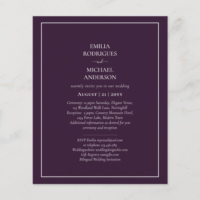 Einladungen für Boda Economicas Bilingue Ciruela Flyer (Vorne)