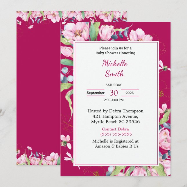 Einladungen für Burgund Pink Floral Baby Shower (Vorne/Hinten)
