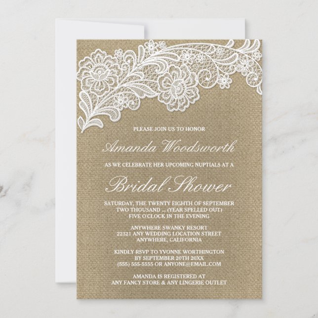 Einladungen für Burlap + Lace Wedding Bridal Showe (Vorderseite)