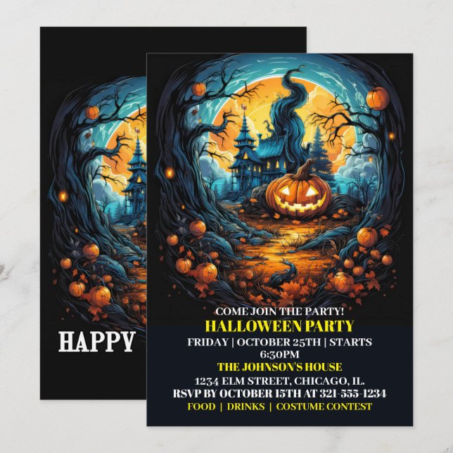 Einladungen für Creepy Glows Pumpkin Halloween-Par (Vorne/Hinten)