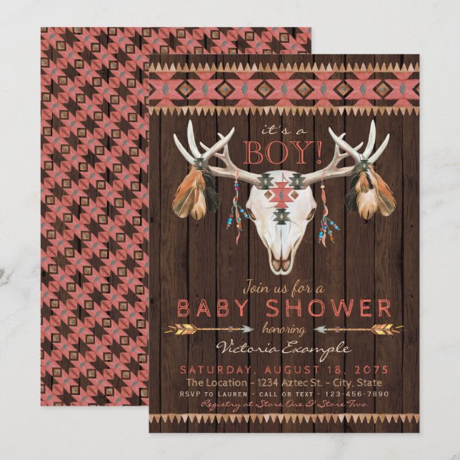 Einladungen für das Boho Tribal Skull Baby (Vorne/Hinten)