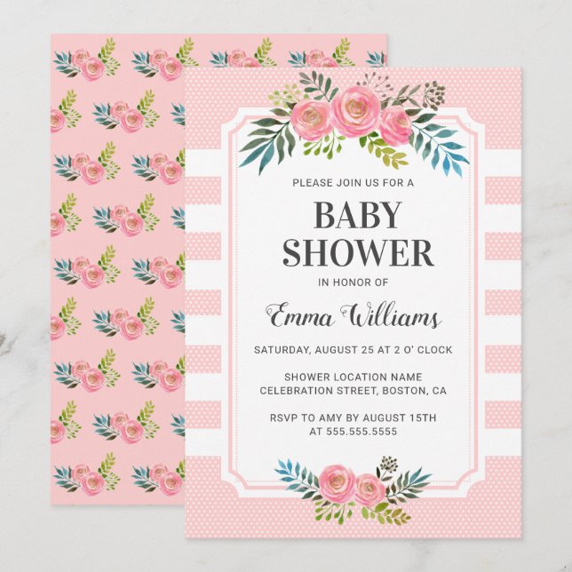 Einladungen für die Dusche von Pink Floral Girl (Vorne/Hinten)
