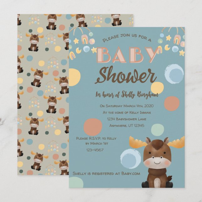 Einladungen für die Elch- und Mobile-Babydusche (Vorne/Hinten)