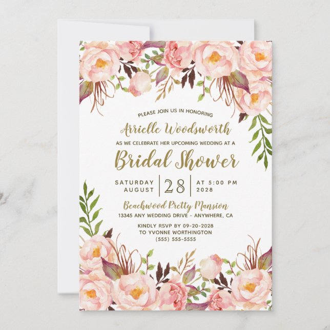 Einladungen für die Peony Blush Pink Gold Bridal D (Vorderseite)