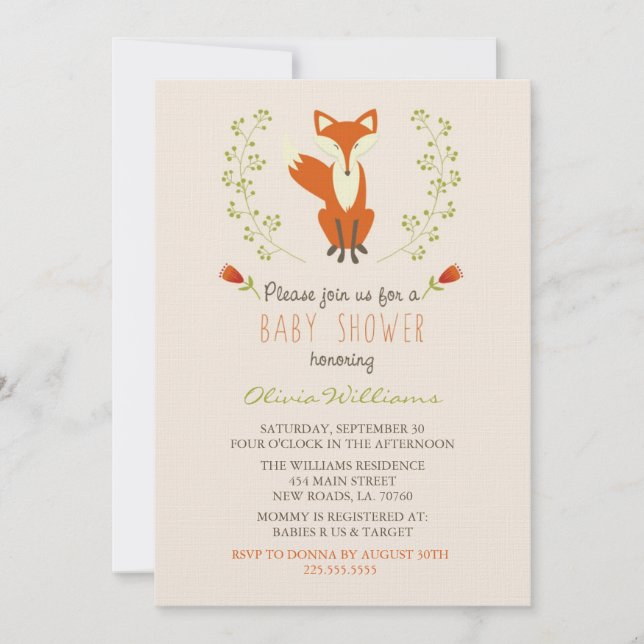 Einladungen für die Woodland Fox Babydusche (Vorderseite)