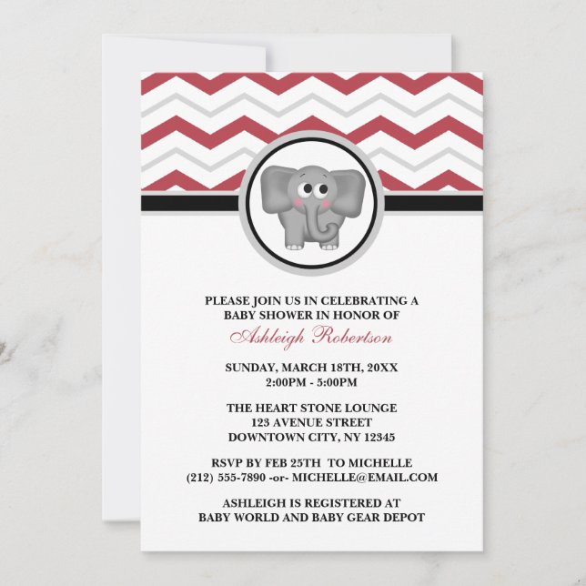 Einladungen für Elephant Red Gray Zickzack Baby Sh (Vorderseite)