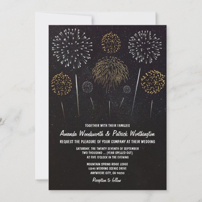 Einladungen für Feuerwerke als Black Gold Hochzeit (Vorderseite)