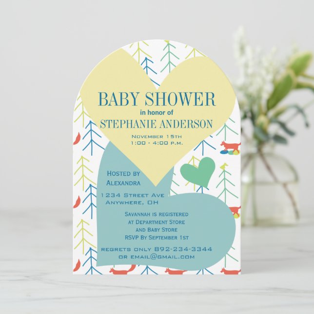 Einladungen für Fox und Pine Tree Baby Boy Shower (Stehend Vorderseite)