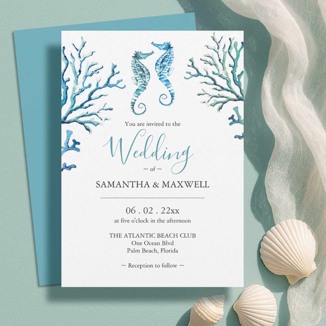 Einladungen für Hochzeiten am Strand Wasserfarben  (Beach wedding invitations unique watercolor seahorse art by Victoria Grigaliunas Do Tell A Belle)