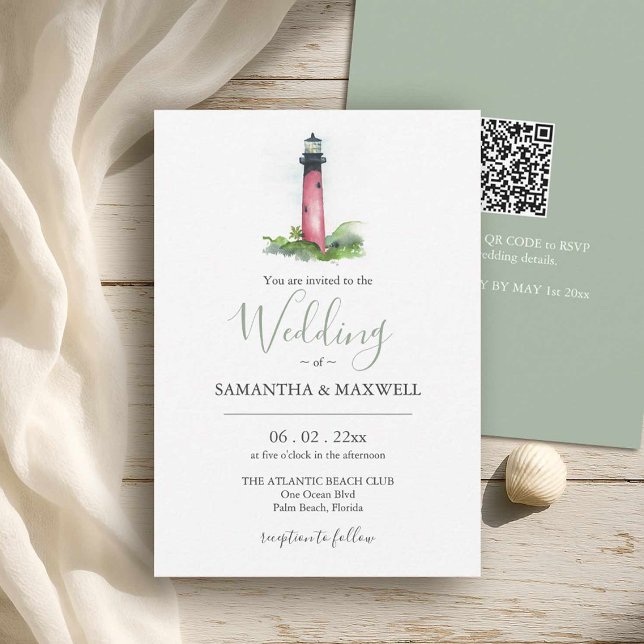 Einladungen für Hochzeiten an einem günstigen Stra (Beach wedding in Florida watercolor Jupiter Lighthouse art by Victoria Grigaliunas Do Tell A Belle)