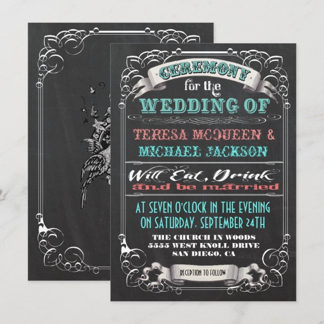 Einladungen für Hochzeiten in Blackboard Vintage (Vorne/Hinten)