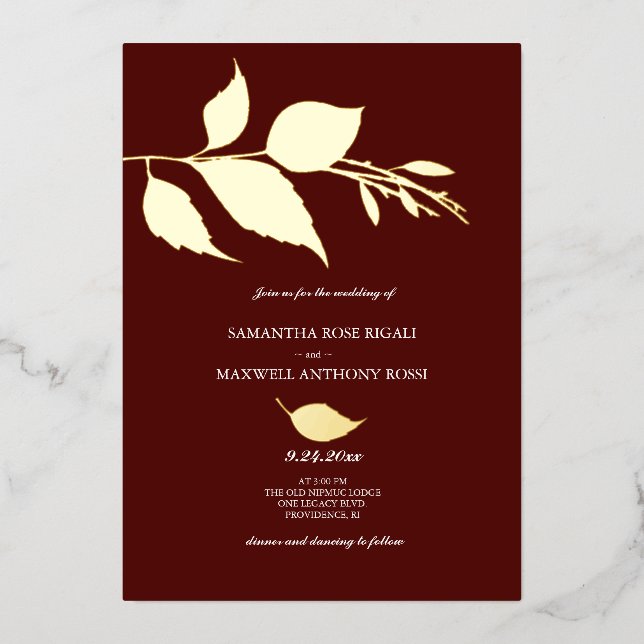 Einladungen für Hochzeiten in Burgund und Gold (Vorderseite)