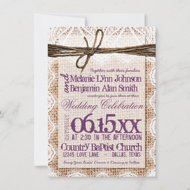 Einladungen für Hochzeiten in Burlap Print Plum Ty (Vorderseite)