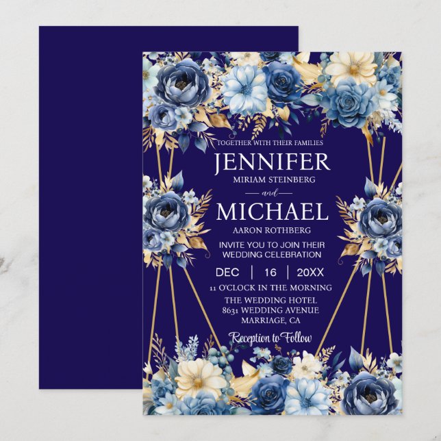 Einladungen für Hochzeiten in Navy Blue und Gold (Vorne/Hinten)