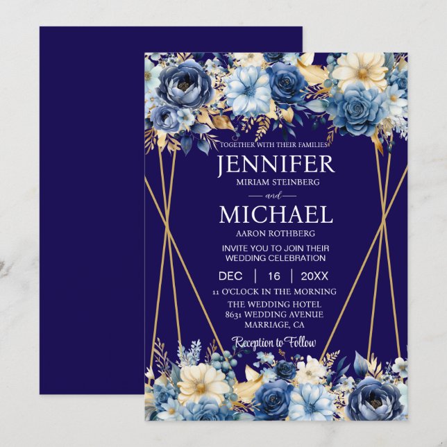 Einladungen für Hochzeiten in Navy Blue und Gold (Vorne/Hinten)