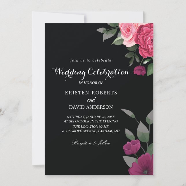 Einladungen für Hochzeiten in Rosa und Schwarz (Vorderseite)