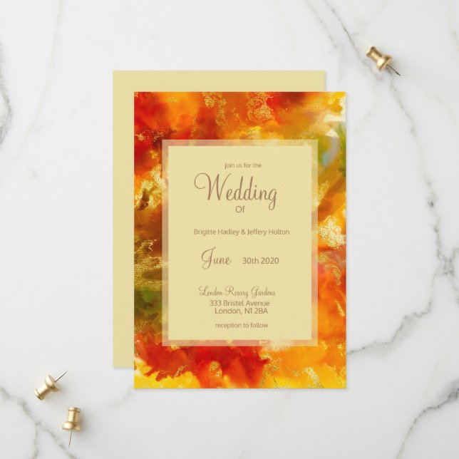 Einladungen für Hochzeiten in Rot, Gold, Orange, g (Vorderseite/Rückseite Beispiel)