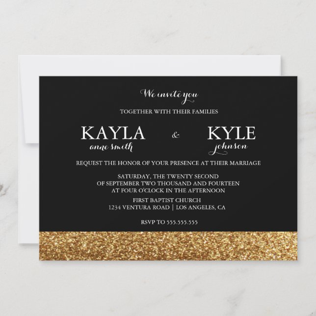 Einladungen für Hochzeiten in Schwarz und Gold-Gli (Vorderseite)