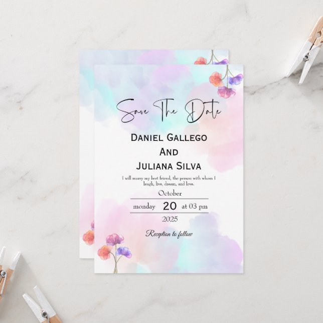 Einladungen für Hochzeiten in Weich-Rosa und Blau (Vorderseite/Rückseite Beispiel)