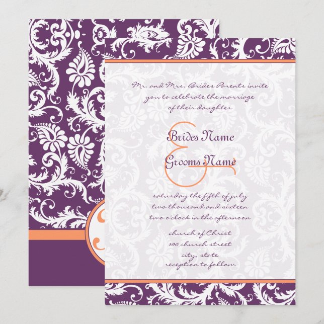 Einladungen für Hochzeiten lila und KorallenDamast (Vorne/Hinten)