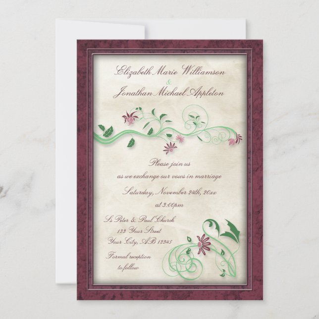 Einladungen für Hochzeiten mit Burgund und Grünem  (Vorderseite)