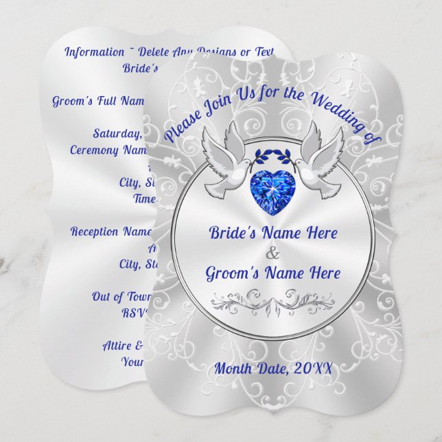 Einladungen für Hochzeiten mit Liebesvögeln, blaue (Vorne/Hinten)