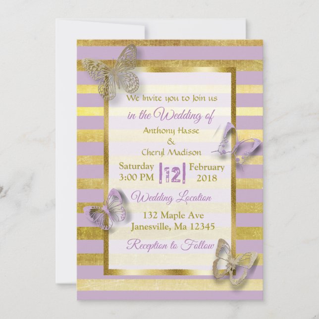 Einladungen für Hochzeiten mit lila und Goldbarren (Vorderseite)