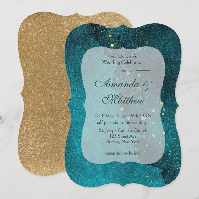 Einladungen für Hochzeiten mit Türkis und Gold Aga (Vorne/Hinten)