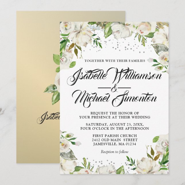 Einladungen für Hochzeiten mit weißer Blüte und go (Vorne/Hinten)