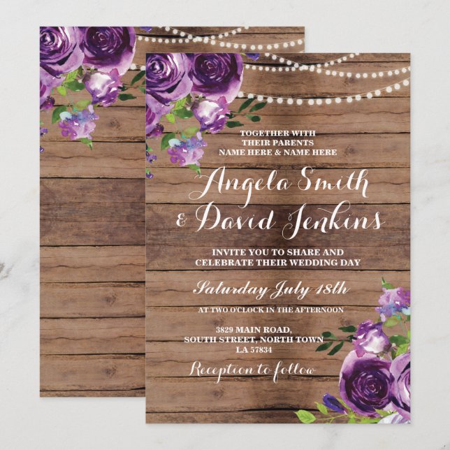 Einladungen für Hochzeiten Rustikales Holz Lila Bl (Vorne/Hinten)