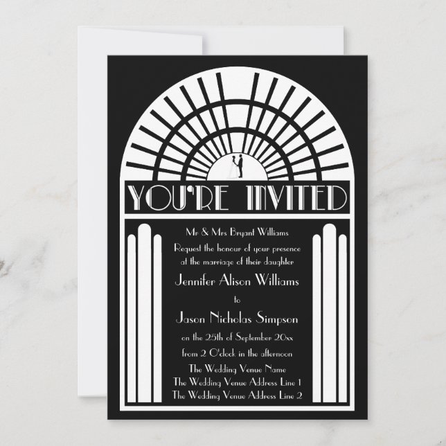 Einladungen für Hochzeiten - Schwarz-Weiß-Art-Déco (Vorderseite)
