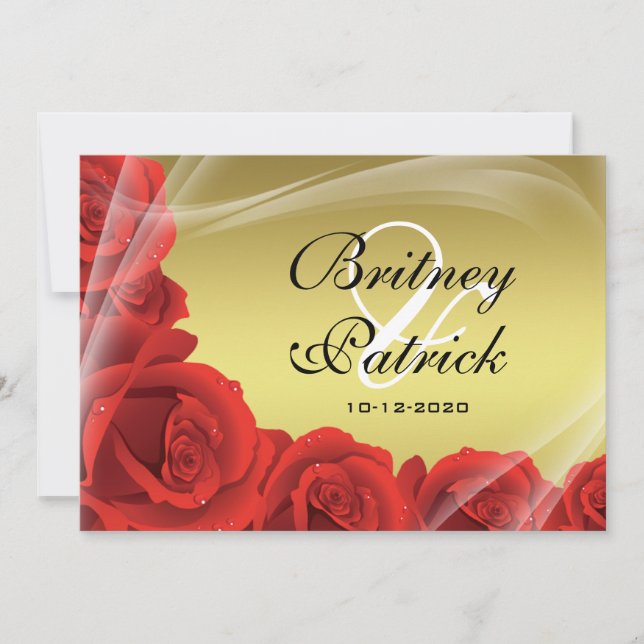 Einladungen für Hochzeiten von Gold und Rote Rose (Vorderseite)