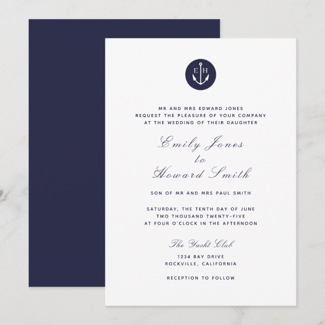 Einladungen für Hochzeiten von Navy Anchor Monogra (Vorne/Hinten)