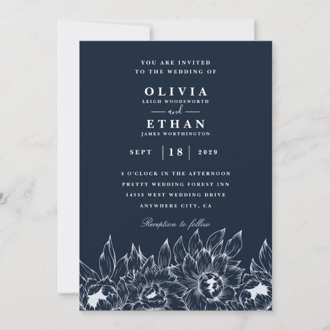 Einladungen für Hochzeiten von Navy und Sonnenblum (Vorderseite)