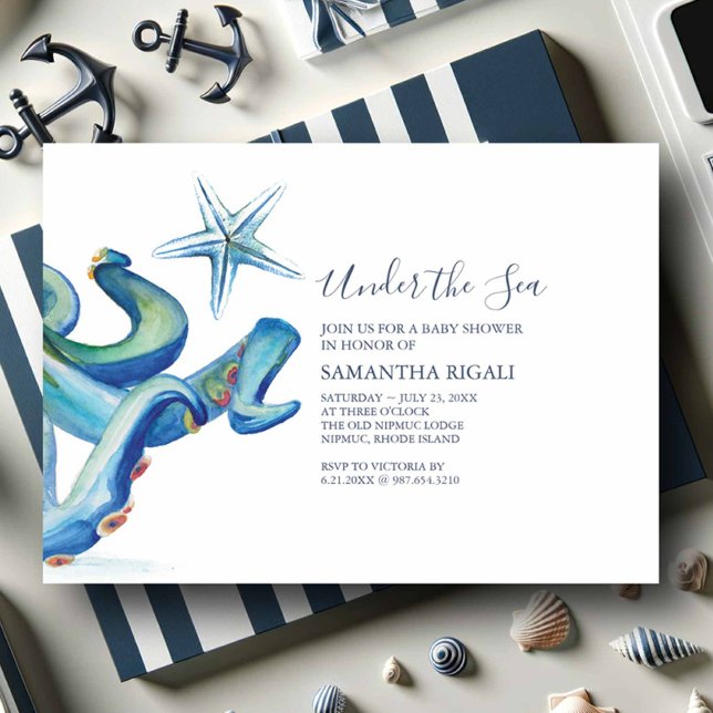 Einladungen für Kinderduschen (Nautical baby shower invitations watercolor blue octopus and starfish under the sea theme)