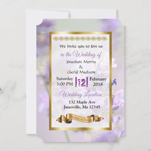 Einladungen für lila Hochzeiten und Goldlavender (Vorderseite)