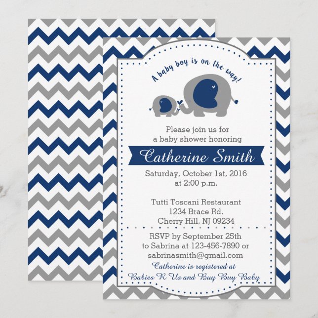 Einladungen für Navy Elephant Baby Shower (Vorne/Hinten)